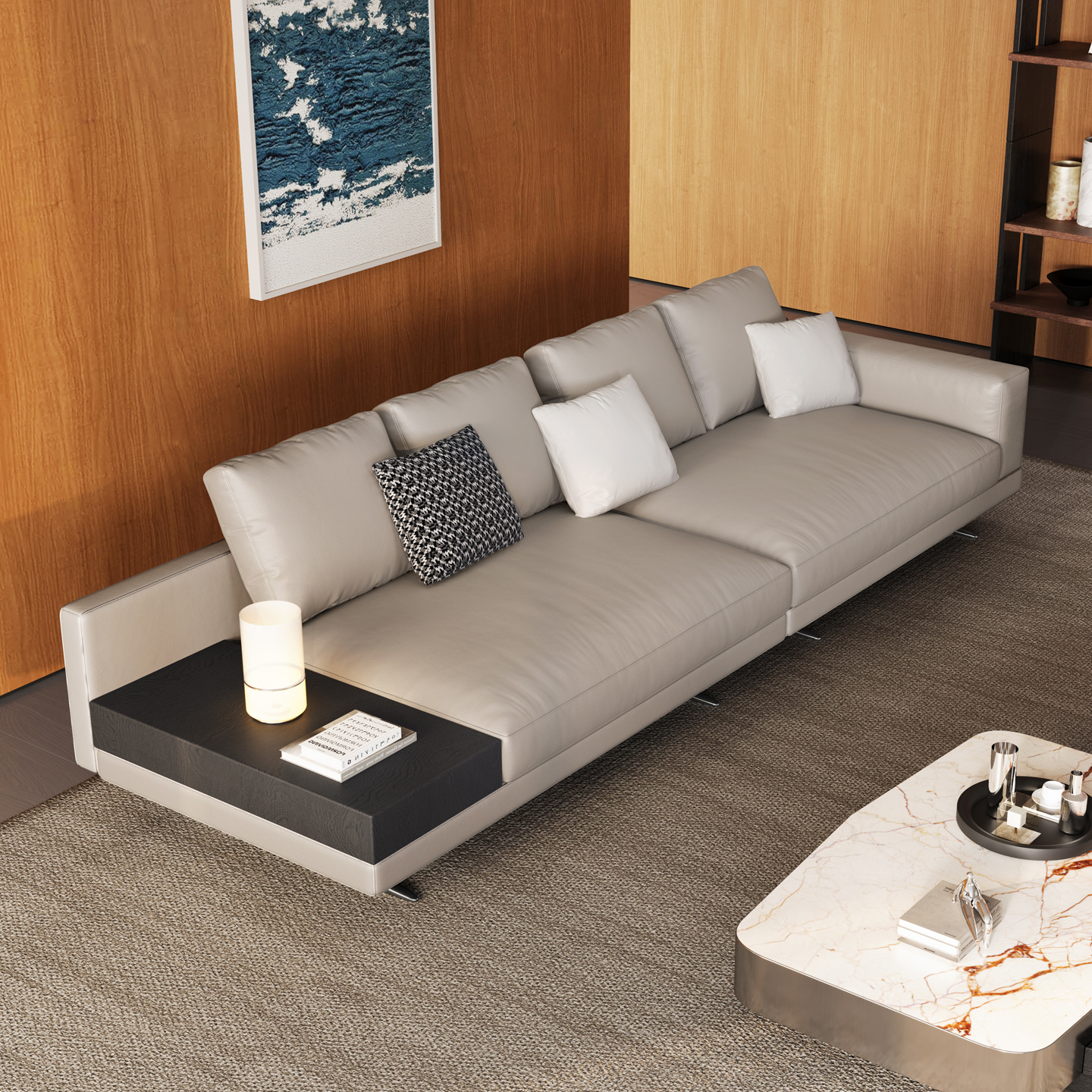 Mondrian Leather Sofa Designer Simple Modern First-Layer Cowhide Living Room Three-Seat Black Straight Sofa