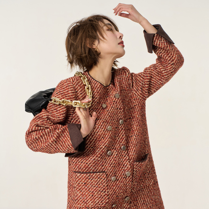 Tweed Style Tweed Round Neck Long-Sleeved Red Dress Women's Autumn and Winter New 2025 High-End Short A-Line Skirt