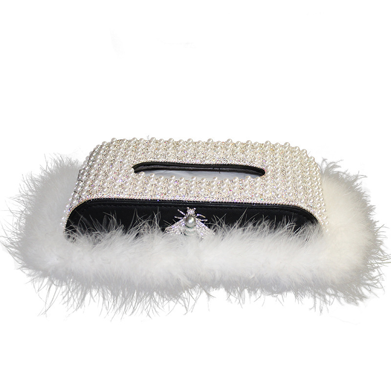 Caja de pañuelos de perlas con incrustaciones de diamantes creativos para coche, cojín de plumas, decoración, asiento, servilleta, caja de dibujo, suministros para coche