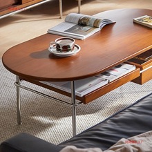 实木茶几小户型客厅家用椭圆形北欧茶桌不锈钢小桌子简约复古日式