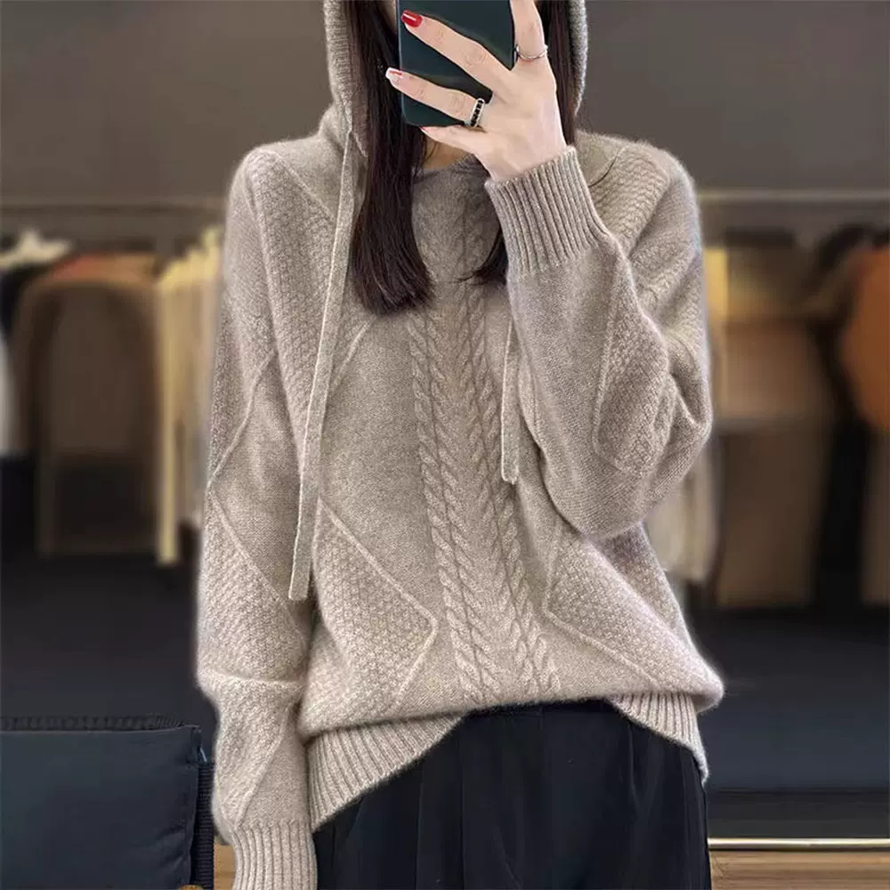 复古菱形扭花针织衫连帽女士长袖宽松休闲通勤秋冬加厚毛衣女外穿