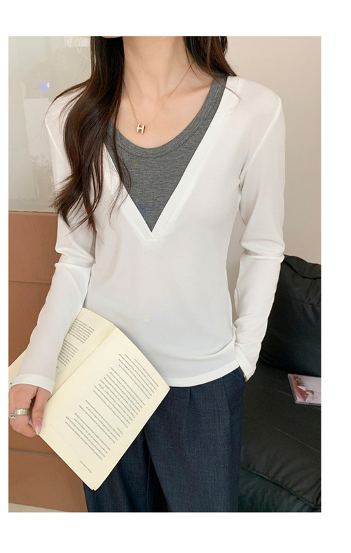 撞色拼接假两件长袖t恤男女2025秋季新款修身显瘦休闲上衣打底衫|undefined