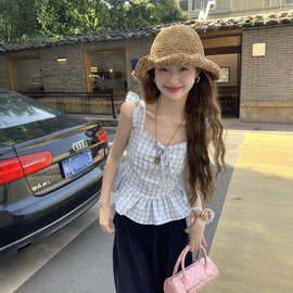 甜美风蓝色格子小飞袖背心女装夏季别致减龄显瘦新款上衣