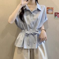 法式气质漂亮蓝色短袖衬衫女装夏季新款收腰显瘦巨好看外穿上衣潮