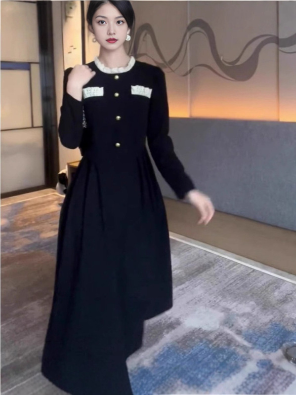法式赫本风别致黑色连衣裙女2025秋季新款气质修身显瘦内搭长裙子|undefined
