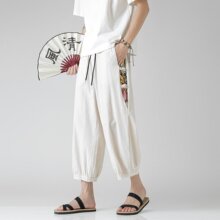 25夏季新款亚马逊大码男士休闲棉麻阔腿裤跨境男装中式碎花哈伦裤