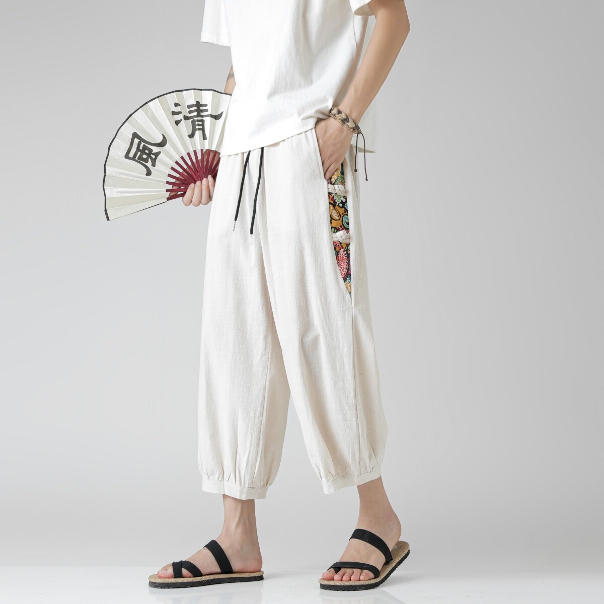 25夏季新款亚马逊大码男士休闲棉麻阔腿裤跨境男装中式碎花哈伦裤