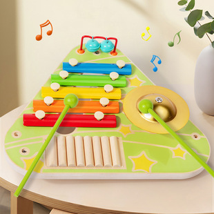 Children's Wooden 4-in-1 Percussion Instrument Frog Squeaker Music Station Kindergarten Hand-Eye Coordination Educational Toy