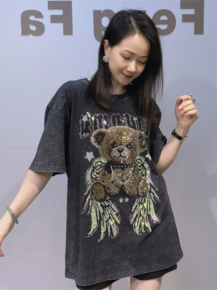 Europa y los Estados Unidos ropa de mujer grande atado teñido caliente diamante cuello redondo camiseta de mangas cortas para hombres y mujeres el mismo algodón de verano chaqueta de diamante image 1