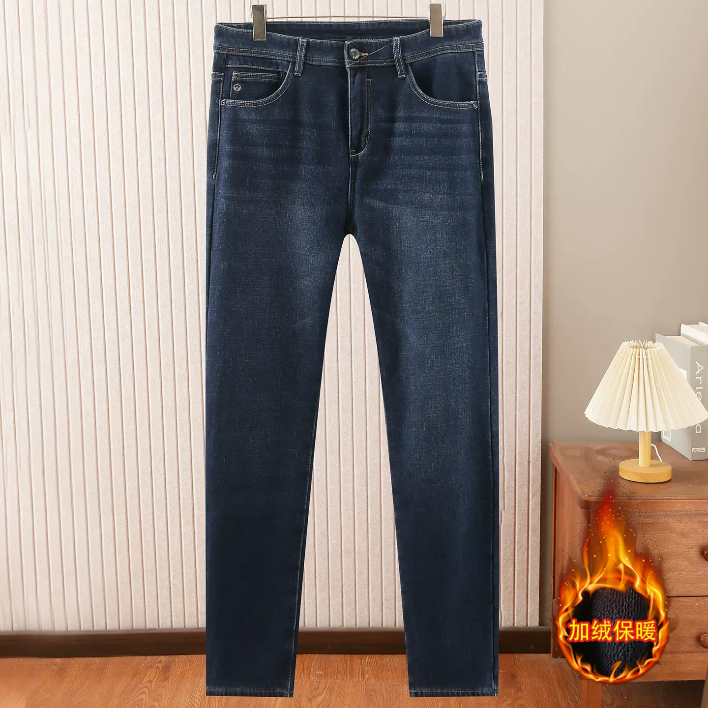 撤柜加绒牛仔裤男冬季中腰直筒青年男士保暖抗寒微弹长裤子G1718