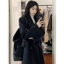 秋冬加绒加厚中长款过膝毛呢外套女小个子英伦西装呢子大衣潮