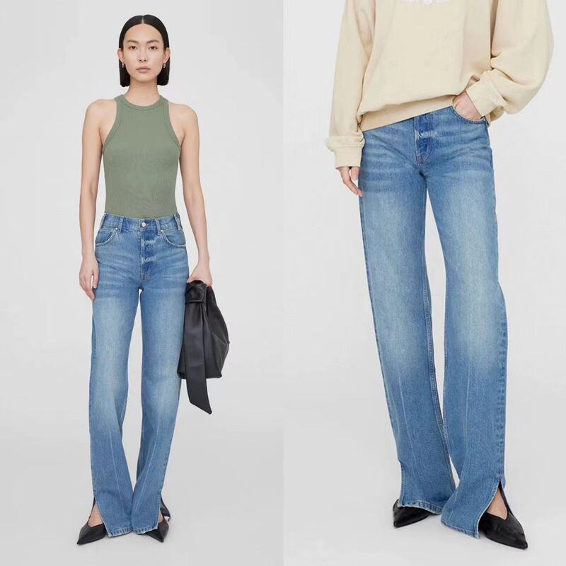 26 Early Spring New Style Ab Long-Staple Cotton Bark Texture Side Slit Wide-Leg Floor-Length Jeans