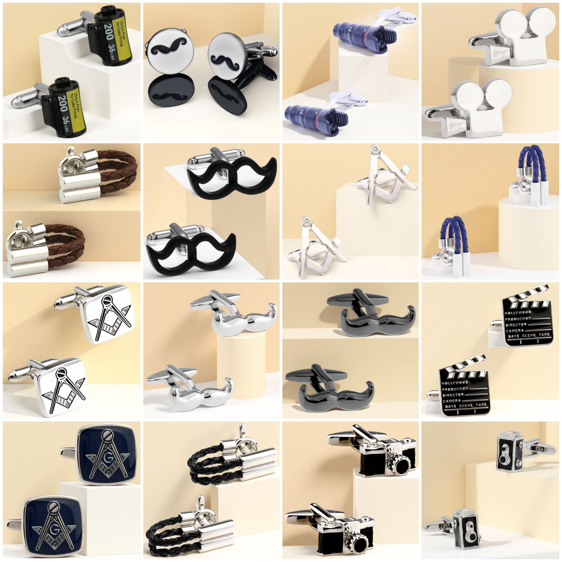 Dongguan In-Stock Cufflinks Camera Masonic Leather Cord Beard Field Recorder Board Camera Film Cufflinks Cuff Studs