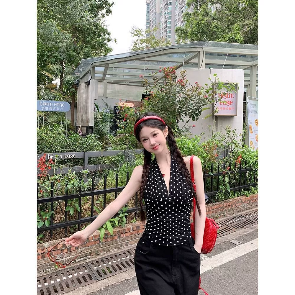 Женский летний топ без рукавов и спинки в горошек, французский стиль, для трансграничной торговли, обтягивающий, модный.