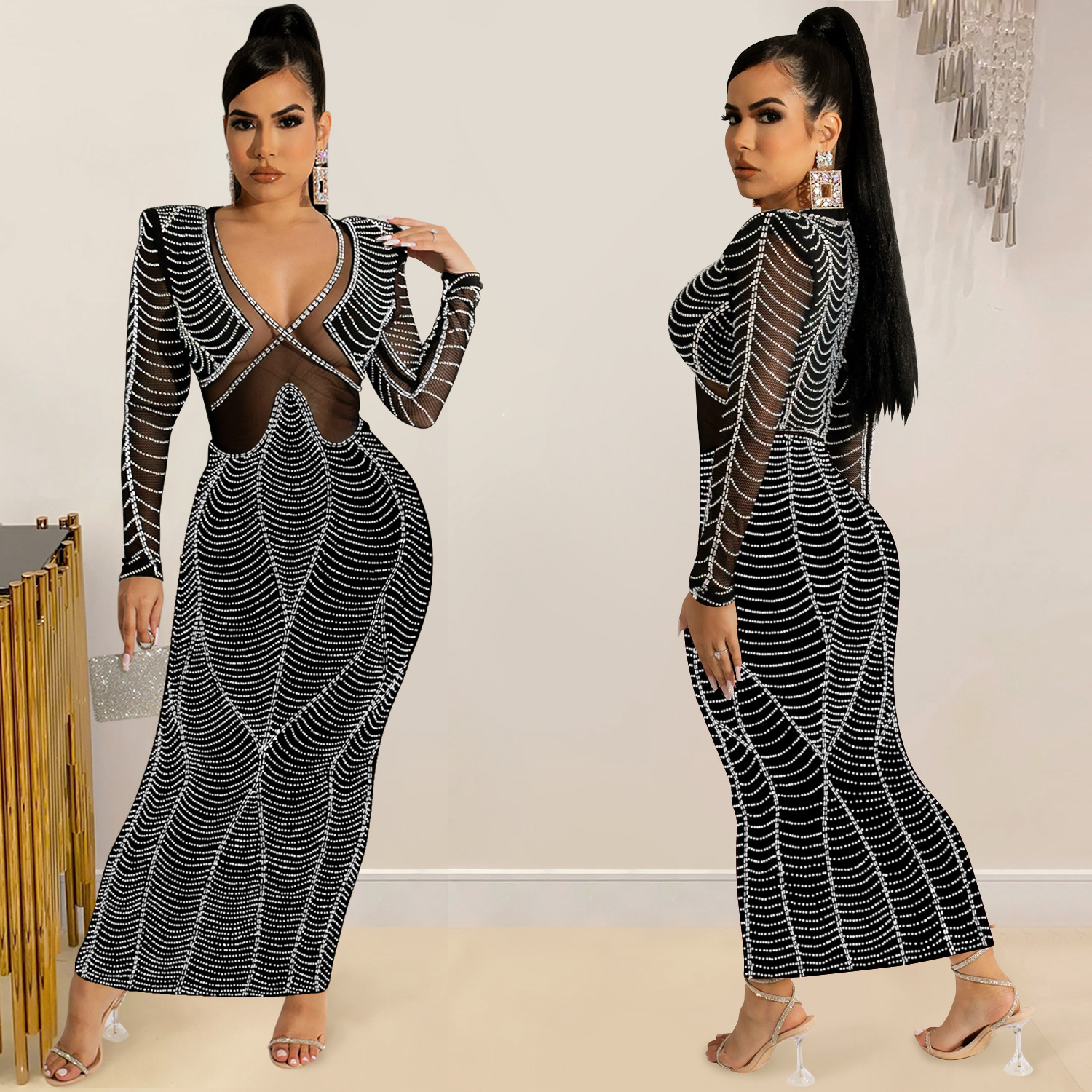 C5912 AliExpress Amazon Europa y América sexy discoteca rhinestone malla perspectiva V-cuello Vestido de manga larga vestido mujeres