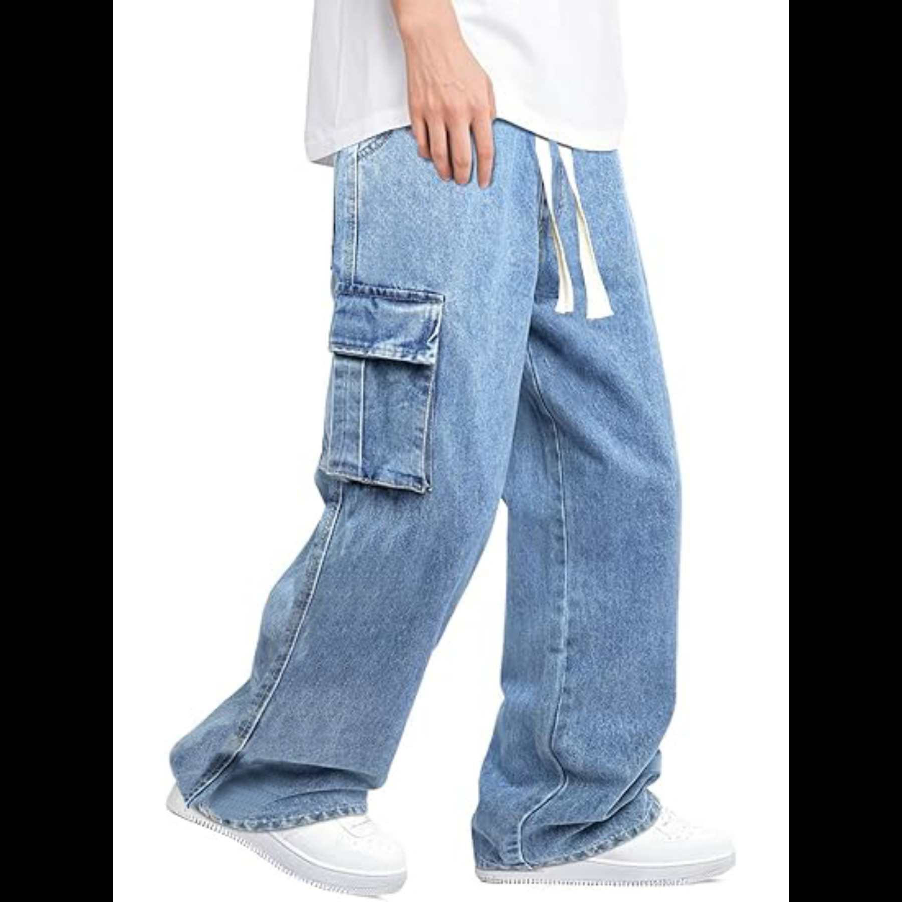 High Street Style Men's Cargo Jeans Multi Pocket Loose Fit Wide Leg Floor Length Drawstring Pants_mkmklike.com