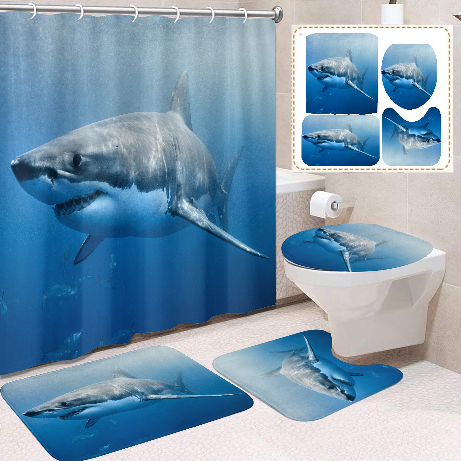 Cortina de ducha transfronteriza con diseño de delfines azules, estampada digitalmente, de poliéster, sin perforaciones, para baño, decoración del hogar image 49