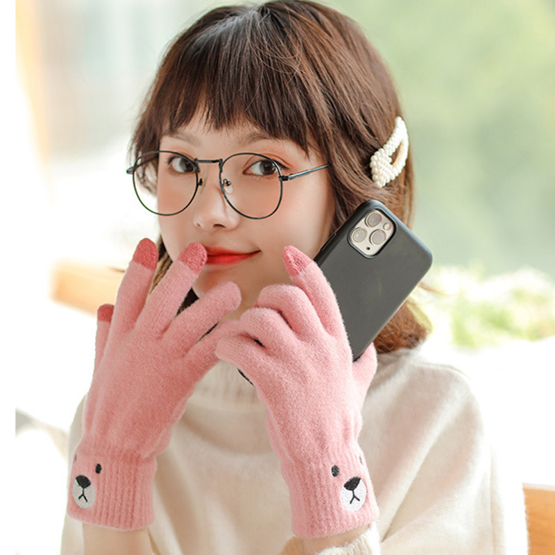 韩版可爱厚款小熊毛线手套女士冬季针织五指触屏保暖学生卡通手套