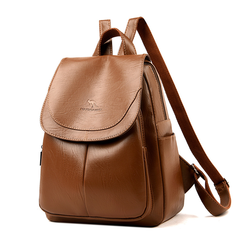 Transfronterizas mochila de cuero suave de damas 2024 nueva mochila de moda simple de color sólido de gran capacidad mochila de estudiantes al por mayor