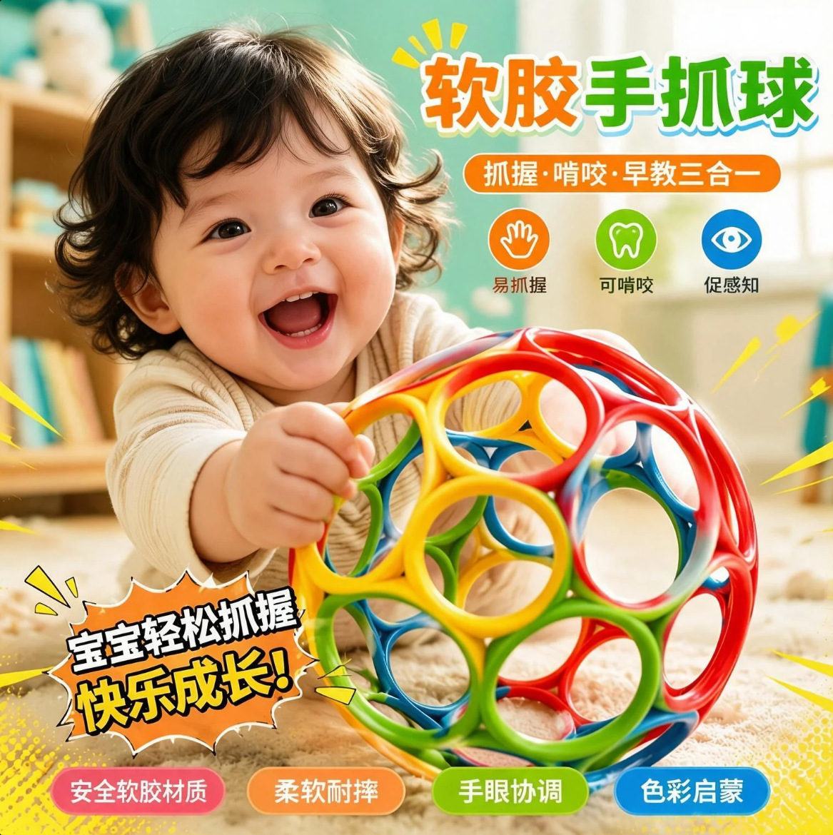 Soft rubber balls made of baby-grade material, specially designed for babies to chew on and develop oral motor skills. These balls are educational and can be grasped by babies.