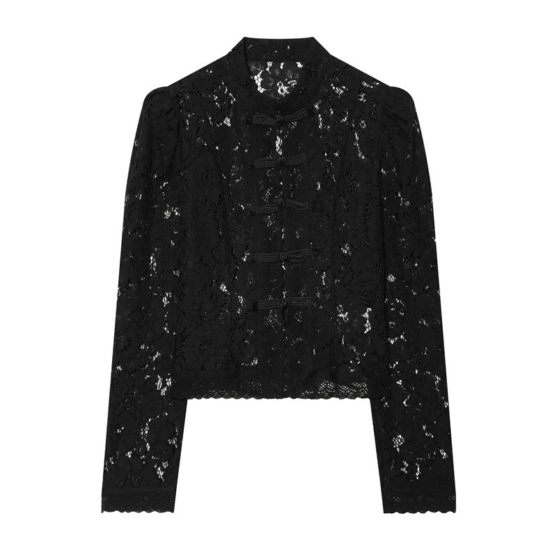 Cross-border European and American style women's clothing, Amazon bestseller, new Chinese-style buttoned lace crochet stand-up collar shirt, semi-transparent top Cross-border European and American style women's clothing, Amazon bestseller, new Chinese-style buttoned lace crochet stand-up collar shirt, semi-transparent top