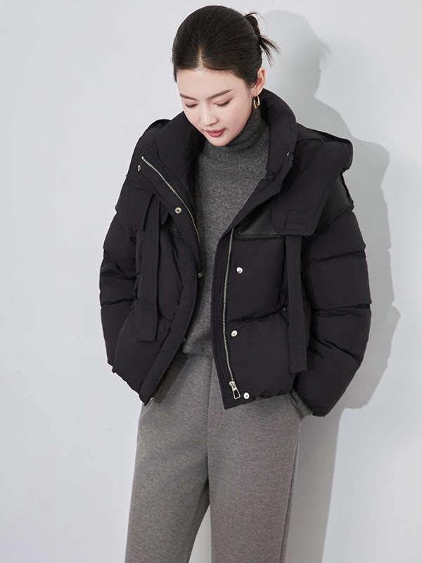 高奢90白鸭绒长短款羽绒服女2025新款加厚拼接PU设计感飘带面包服|undefined