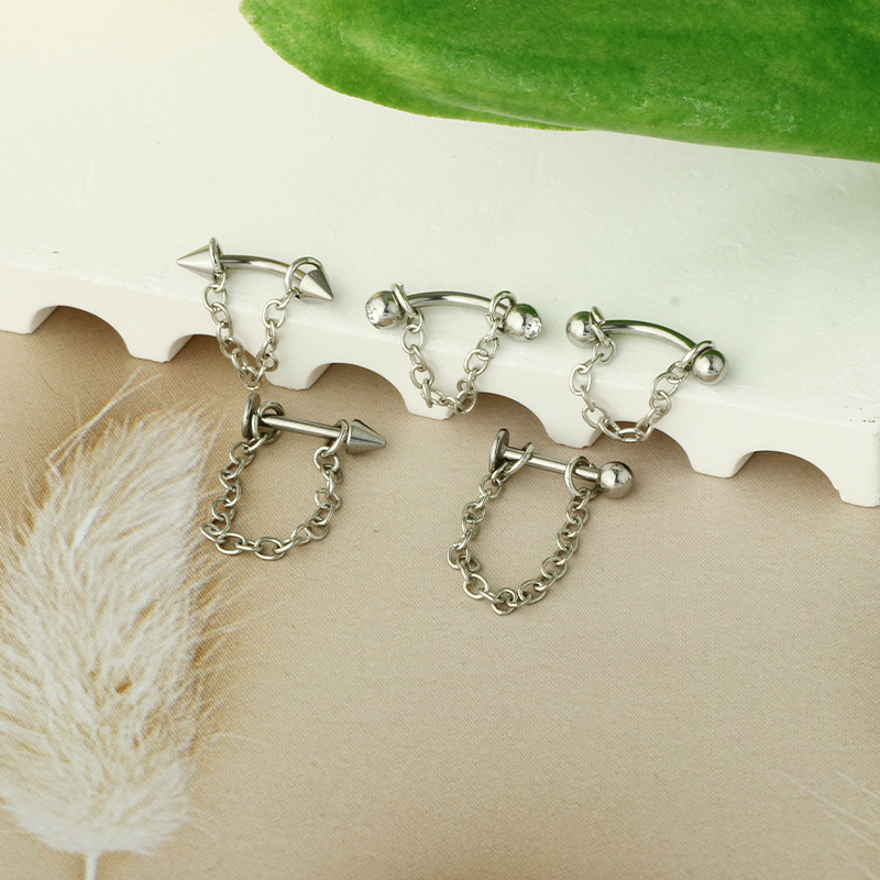 Stainless Steel Lip Stud with Chain Round Ball Pointed Cone Lip Ring Curved Bar Chain Eyebrow Nose Ear Bone Piercing Jewelry detail image 4