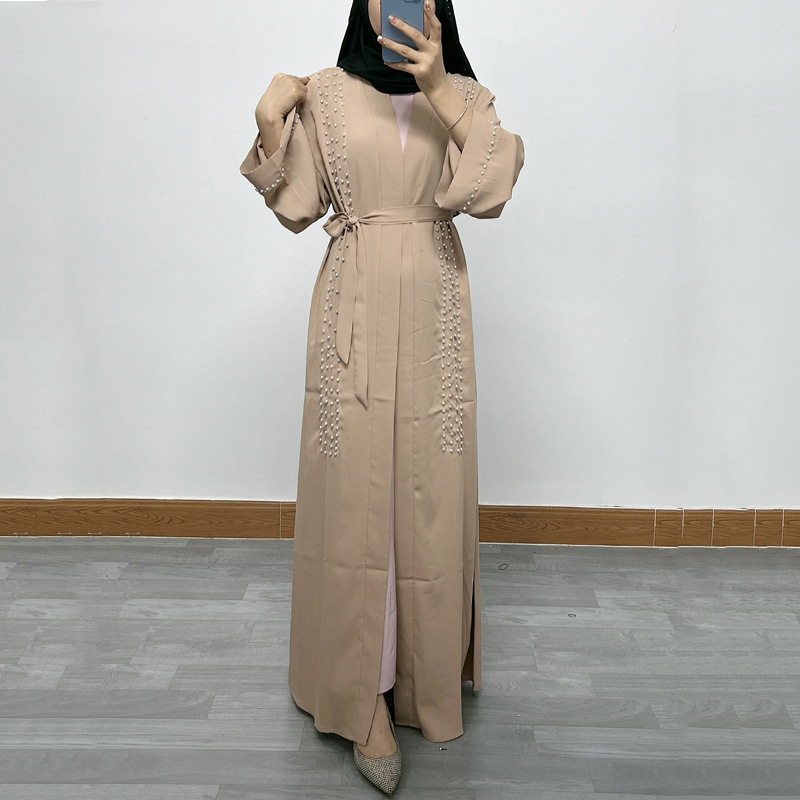 F326 Cross-Border Foreign Trade Middle Eastern Women's Long Dress, Dubai Pearl Embellished Elegant Cardigan Robe,_ecoleips.com