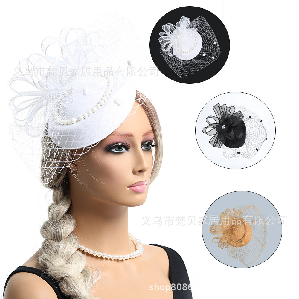 European and American Bridal Veil Hair Accessories Party Wedding Pearl Flower Head Flower Photo Portrait Face Covering Mesh Flower Head Flower Topper