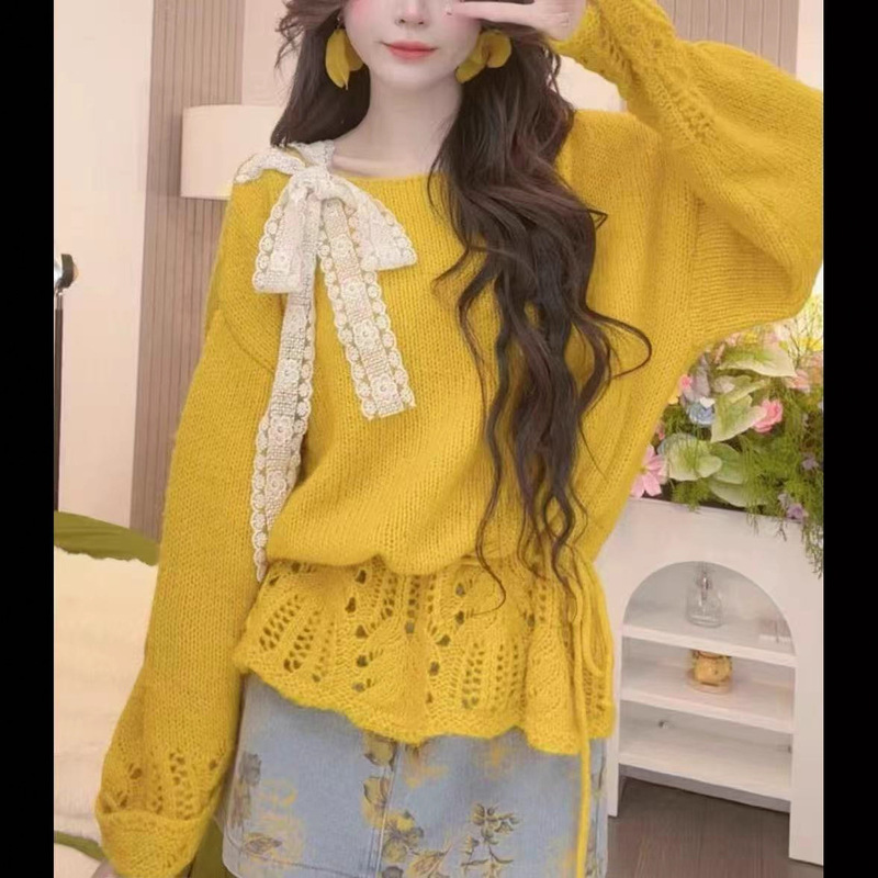 温柔甜美风2025秋季新款氛围感针织蝴蝶结拼接蕾丝绑带针织女上衣|undefined