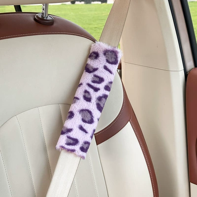 Car Seat Belt Cover, Seat belt shoulder pad - rabbit-fur-leopard-print-shoulder-pads-purple