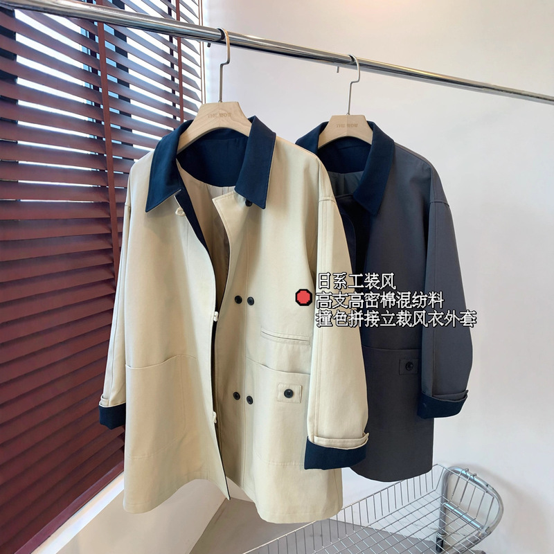 Autumn Prelude~Contrast Color Barn Style Small Profile Windbreaker 25 Autumn Mid-Length Jacket for Women