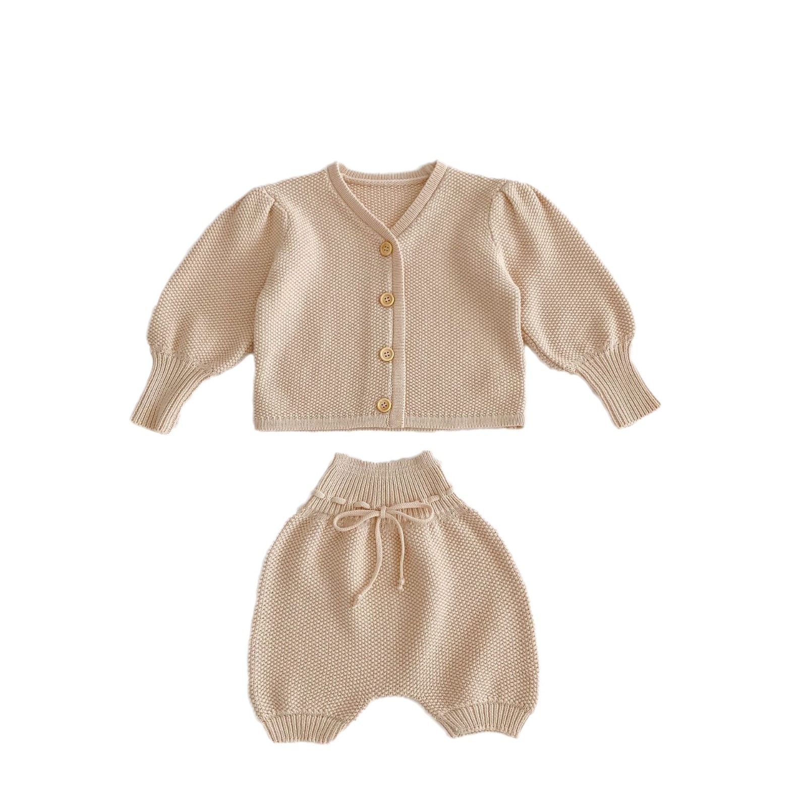 2024 Spring Baby Men's and Women's Knitted V-neck Bubble Sleeve Top Coat Lantern Shorts Two Piece Set_voghion.com