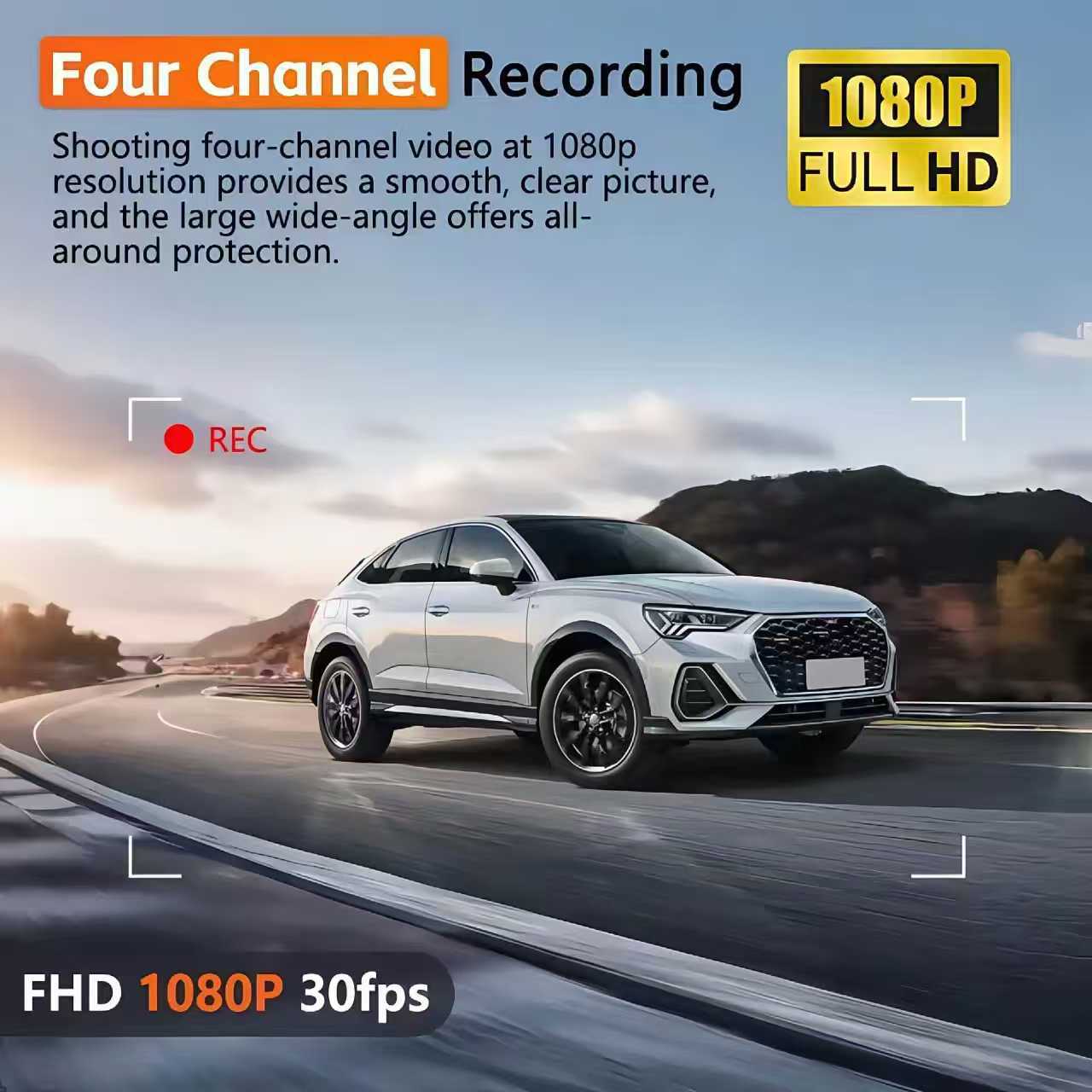 360-Degree Panoramic Driving Recorder, Four-Lens High-Definition Night Vision 1080P, Parking Monitoring, Mobile Phone Connectivity