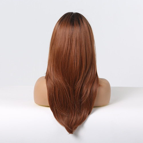 Cross-border hot selling women's wig 26inch full bangs black gradient brown long curly hair tail with inner button wig set