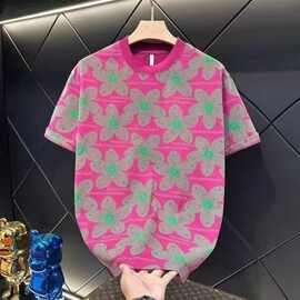 夏季新款男士痞帅设计师色满设计印花花卉圆领短袖T恤时尚上衣