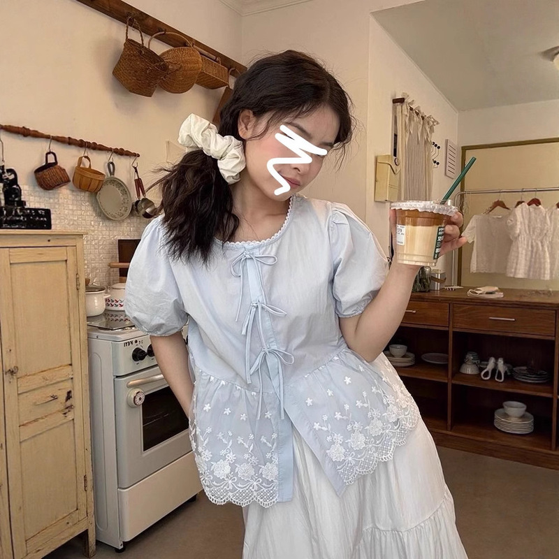 フレンチレースステッチバブル半袖シャツ女性の夏の新しいルーズで甘い年齢を軽減するベビードールシャツショートトップ|undefined