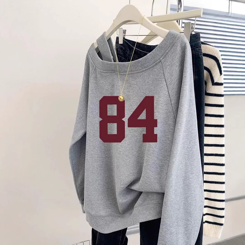 Grey American Style Slant Shoulder Open Shoulder Hoodie Women's Early Autumn Spring and Autumn 2024 New Lazy Thin Long Sleeve Top