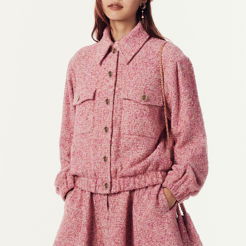 24 High-End Light Luxury Pink Tweed Jacket for Women, Chanel Style Coat with Turn-Down Collar, Elegant Slimming Top for Ladies