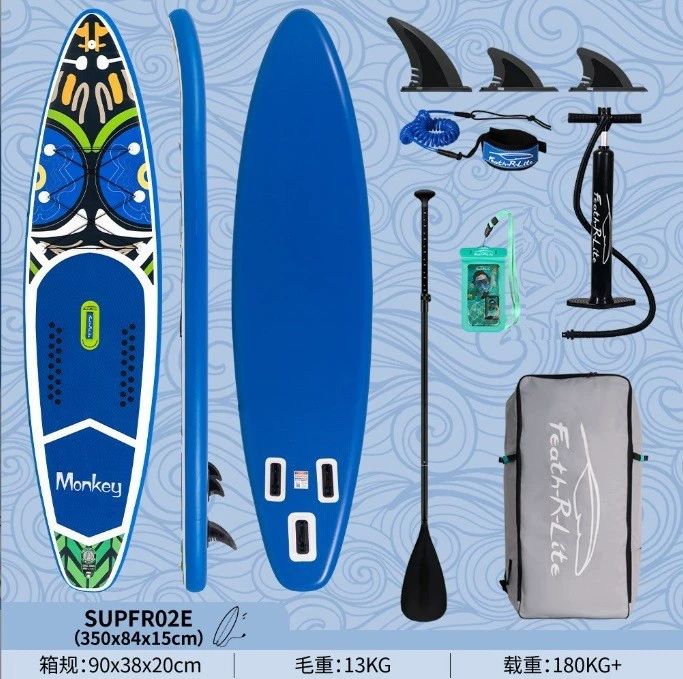 Надувная SUP доска (Inflatable), размеры 240–350×76–84×10–15 см, drop‑stitch, противоскользящая дека