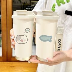 男女学生スクールカップ漫画魔法瓶カップダブルドリンクカップ飲料カップ大容量眠そうな子猫スポーツポータブル