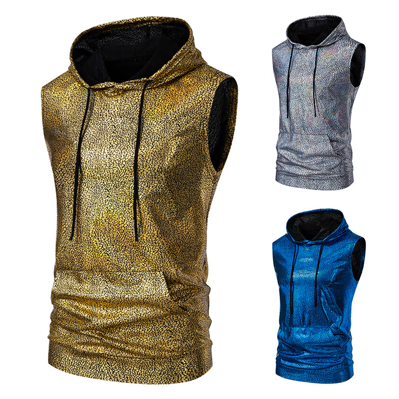 Amazon New 70 s Disco Hooded Sleeveless Bronzing Vest Men's European Size Outer Wearing Sports Waistcoat