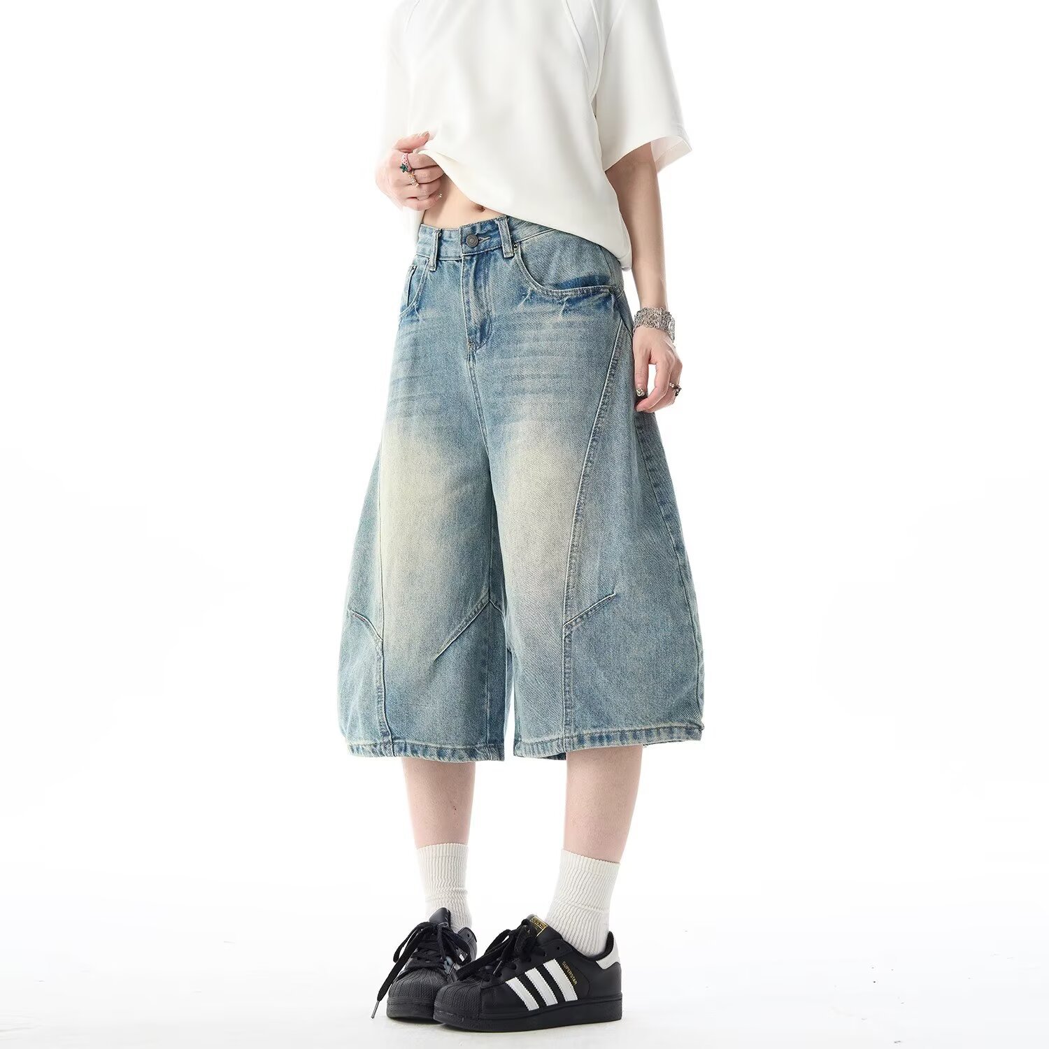 牛仔夏季美式高街水洗弯刀牛仔短裤设计感解构宽松阔腿七分裤男女