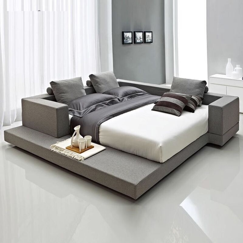 Scandinavian Fabric Bed Solid Wood Wedding Bed Master Bedroom Tatami Bed Modern Simple Technology Cloth Bed Double Oversized Bed Ins