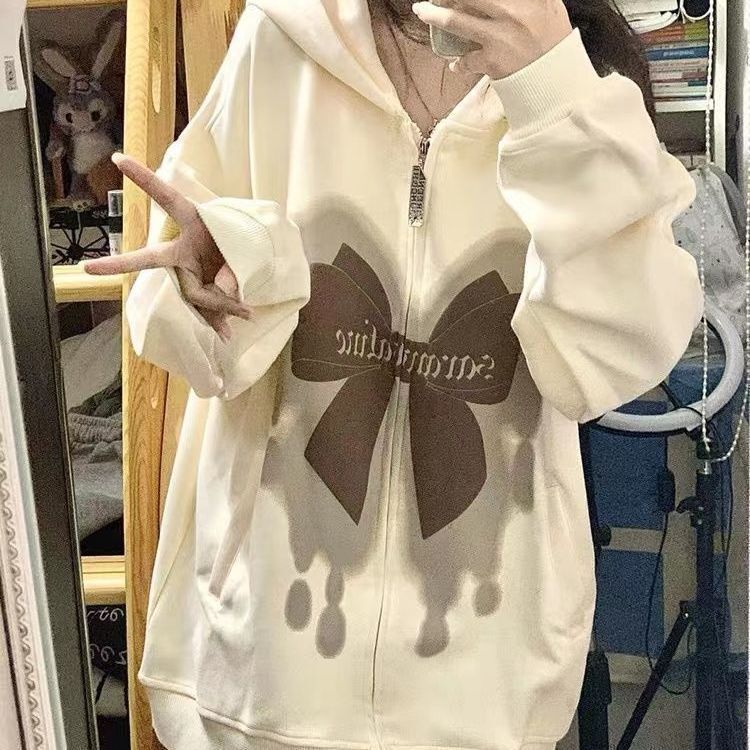 American Retro Bow Hooded Cardigan Sweatshirt for Women Autumn and Winter Plus Velvet Thickened Loose Zipper Jacket American Retro Bow Hooded Cardigan Sweatshirt for Women Autumn and Winter Plus Velvet Thickened Loose Zipper Jacket