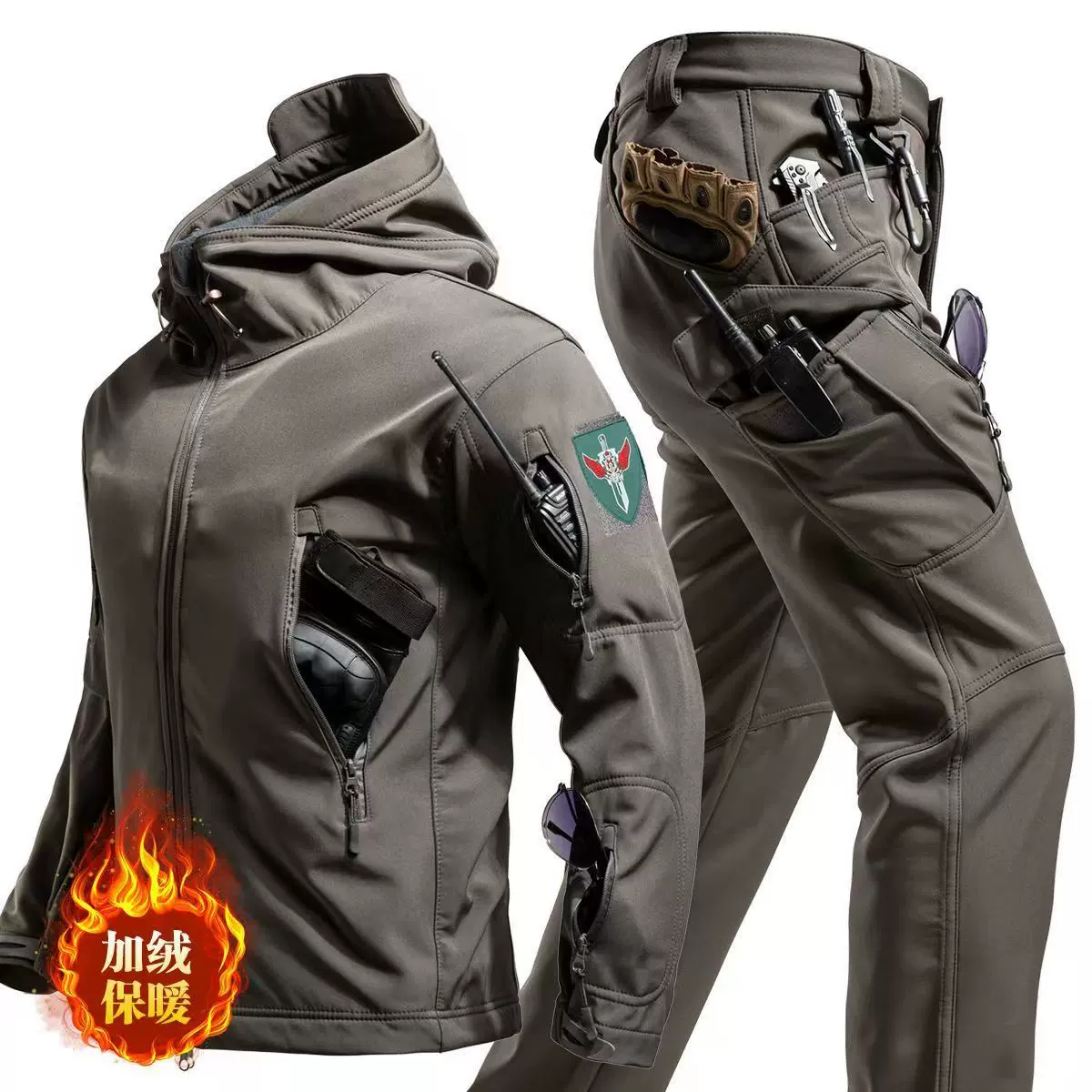 跨境户外冲锋衣套装男冬季保暖加绒软壳衣裤防风滑雪耐磨登山服男