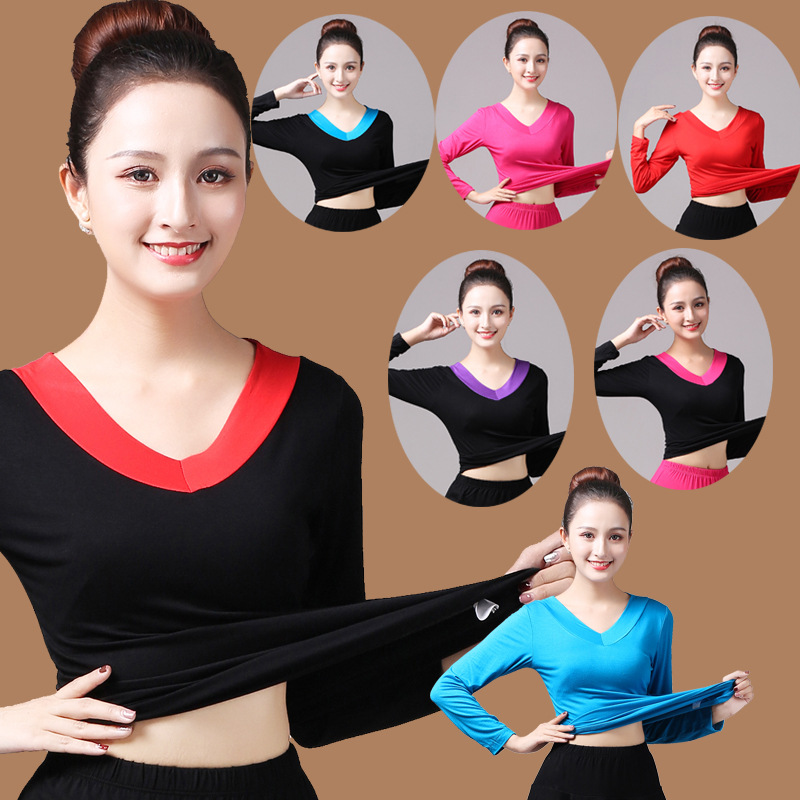 New style square dance costume, V-neck dance top, summer and autumn long-sleeved top, plus size women's t-shirt, dance, fitness, yoga practice clothes