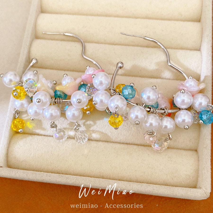 Ramas de flores coloridas ~ flores de aguja de plata bordas perlas aretes de moda de estilo dulce aretes de lujo ligero de alta calidad aretes para mujeres