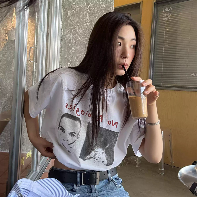 American Retro Letter and Portrait Print Round Neck Pure Cotton T-Shirt for Women, Summer Loose Casual Versatile Slimming Short-Sleeve Top