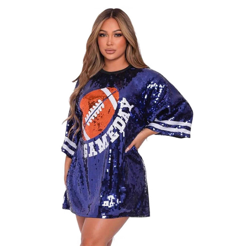 Nfl Street Style Internet Celebrity European and American Ins Plus-Size Sequin T-Shirt Nightclub Cool Sequin Letter Embroidery Loose Football